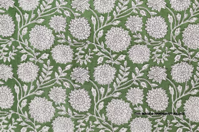 2.7m Indien Coton Main Bloc Imprimé Vert Floral Beau Couture Artisanale Tissu