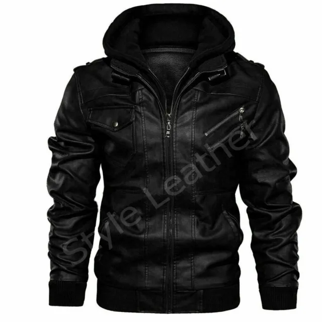 MEN'S GENUINE REAL Leather Jacket Black Bomber Winter Hooded Jacket ...