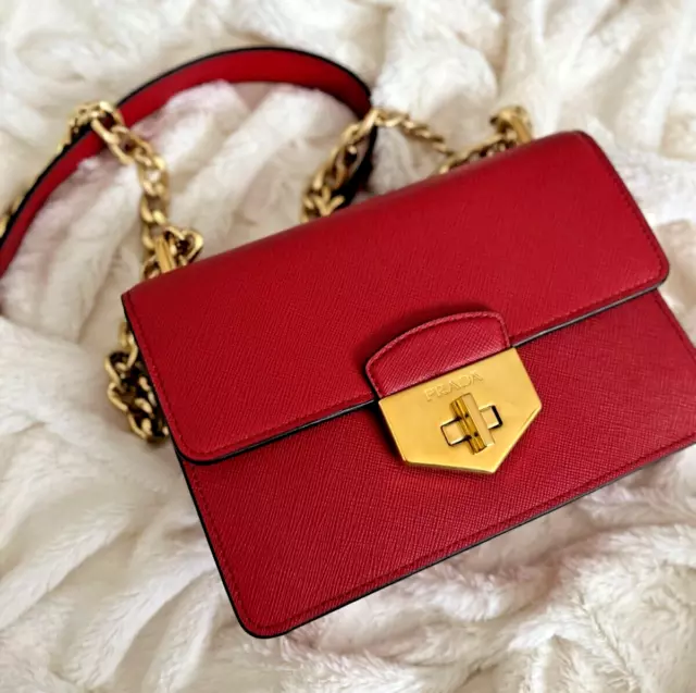 NWT PRADA 1BD089 Pattina Red Saffiano Leather Gold Chain Shoulder Crossbody Bag