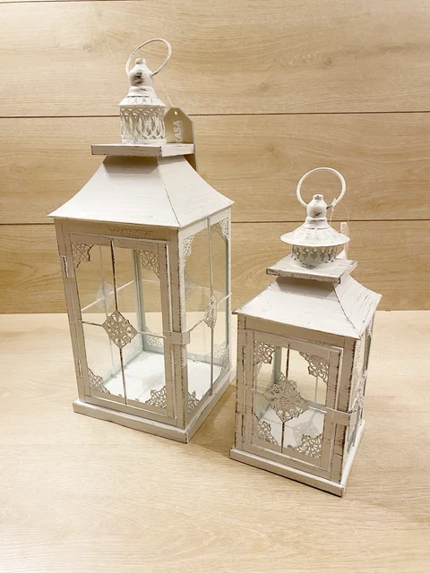 Set 2 Lanterne Decorative Vintage Bianche - In Metallo E PVC, Per Interno Ed Esterno, Misure 50 Cm E 36,5 Cm