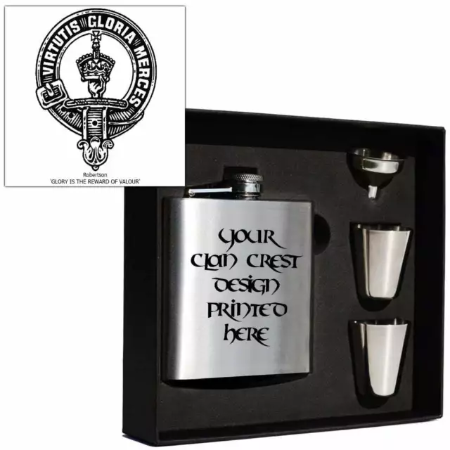 Art Pewter Robertson Clan Crest 6oz Hip Flask Box Set (s) HF6 S-C94 Scottish
