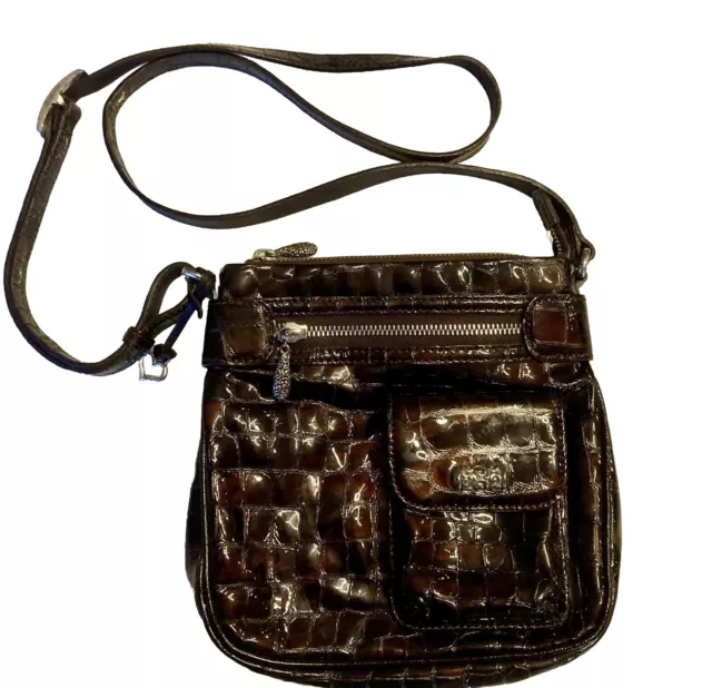 Vintage 90s Brighton Brown Croc Embossed Patent Leather Crossbody Purse