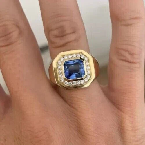14k Yellow Gold 2.25Ct Asscher Cut Natural Sapphire Men's Engagement Gift Ring 14k Yellow Gold 2.25Ct Asscher Cut Natural Sapphire Men's Engagement Gift Ring