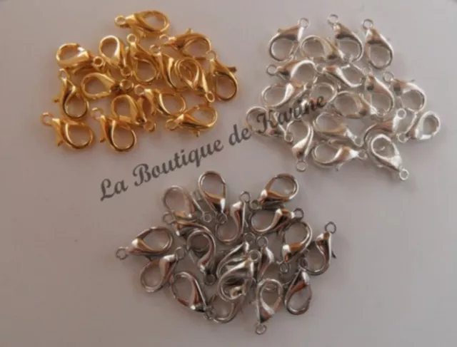 LOT 50 FERMOIRS MOUSQUETONS METAL ARGENTE OU DORE 12 mm CREATION BIJOUX PERLES