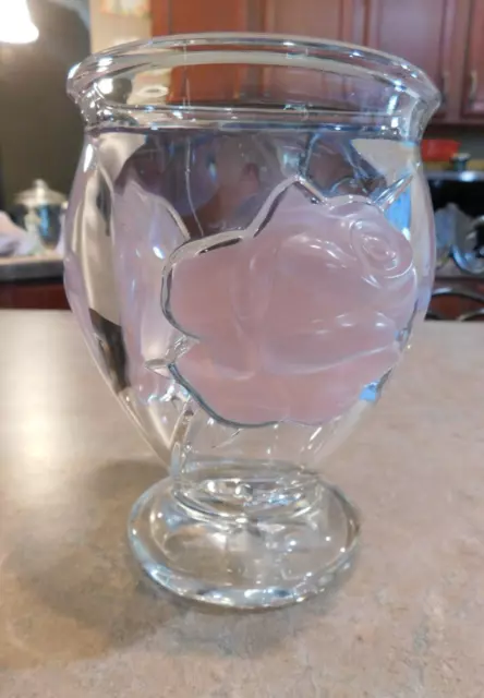 Teleflora Glass Made In France Clear Pink Frosted Raised Roses 6" Footed Vase
