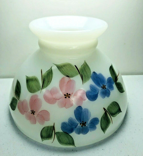 Vintage Milk Glass Lamp Shade Globe HAND PAINTED Blue Pink Flower Shabby 6” TALL