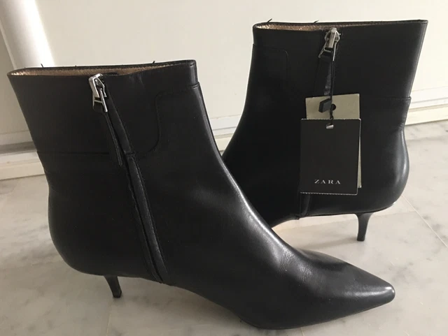 Low Boots Bottines Cuir Noir Lisse Zip Lateral Bout Pointu Talon Kitten ZARA 38