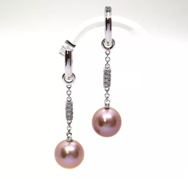 Orecchini Pendenti in Oro Bianco 18k con Diamanti e Perle di Fiume Rosa