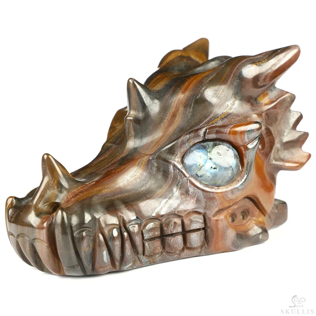 5.0" Colorful Tiger Iron Eye Crystal Dragon Skull with Labradorite Eyes