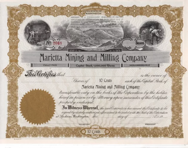 Marietta Mining & Milling Co. - Original Stock Certificate  - Unused - #2068