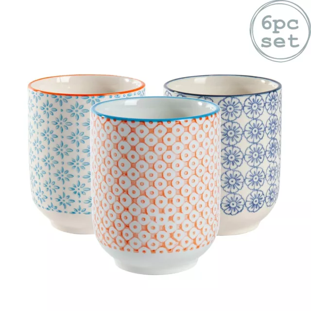 Set of 6 Hand Printed Porcelain Mugs Tea Coffee Cups No Handles 280ml Multi