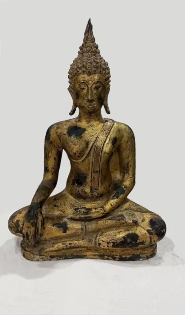ANTIQUE BRONZE GILDED MEDITATING SUKHOTHAI BUDDHA, TEMPLE RELIC. 18/19th C