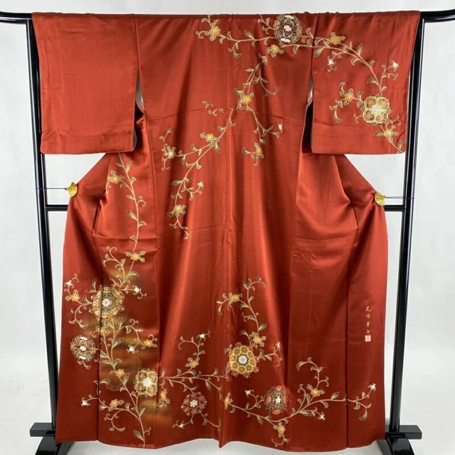 Woman Japanese Kimono Houmongi Silk Flower Crest Arabesuque Gold Foil Red