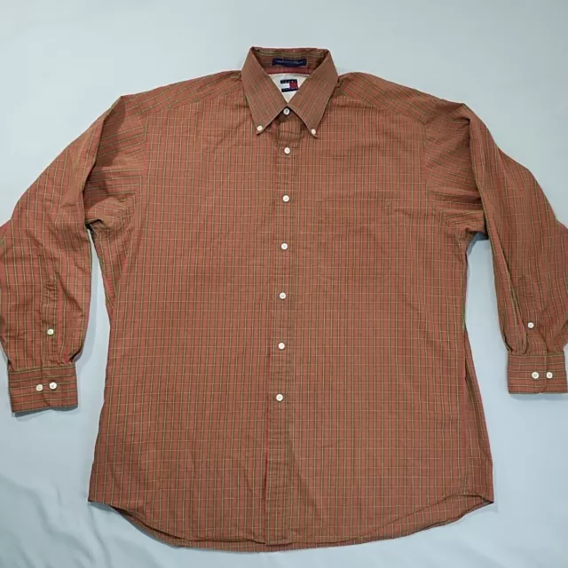 Tommy Hilfiger Mens Button Down Dress Shirt Brown Plaid Large Business '90's