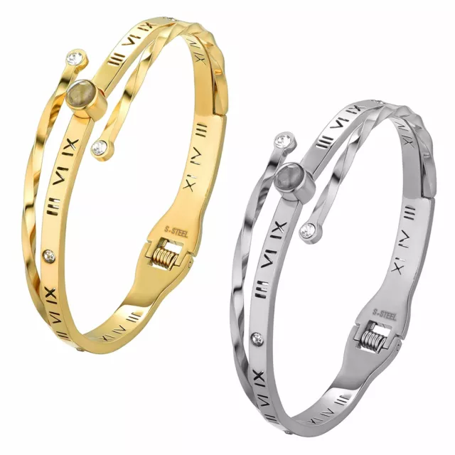 Mens Women Hollow Roman Numeral Cuff Bangle Stainless Steel Bracelet Bangle Gift