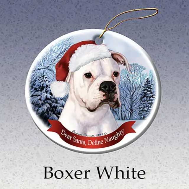 Holiday Pet Gifts Boxer, White Santa Hat Dog Porcelain Christmas Tree Ornament