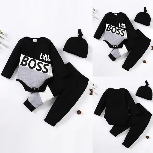 Newborn Baby Boys Litter Boss Outfits Romper Jumpsuit Pants Hat 3pcs Clothes Set