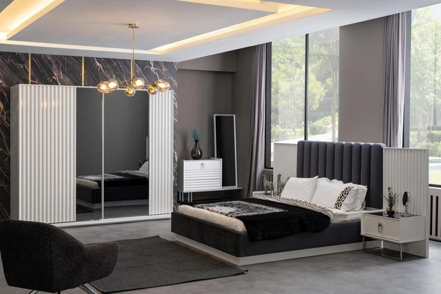 Complet Chambre à Coucher Set Lit Table de Chevet Penderie Commode Design 5 Pcs