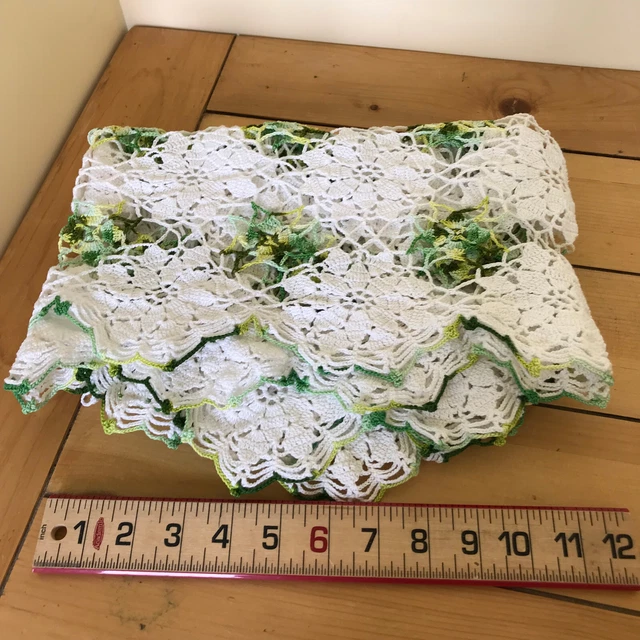 Hand Crochet Lace Tablecloth White & Green Granny Square Flower 36x38"