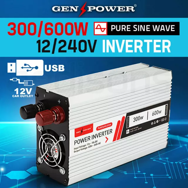 GENPOWER 300W/600W Pure Sine Wave 12V/240V Power Inverter Car Plug Caravan Boat