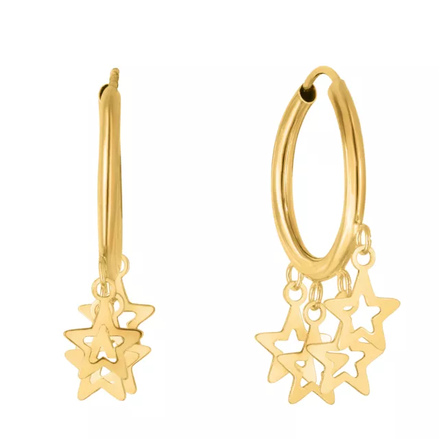 1" Star Charm Dangle Endless Hoop Earrings Real 14K Yellow Gold