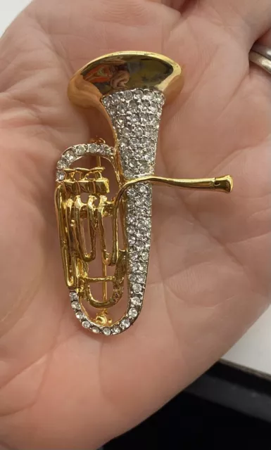 Vintage Brooch pin Music Trombone Orchestra Instrument Gold tone  rhinestone