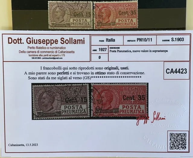 Regno 1927 posta pneumatica serie completa usata certificata SASSONE € 850,00+++