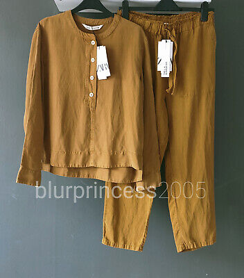 Zara SS22 coord Set Caramello misto lino Slouch Pantaloni e Camicia con bottoni XS M L 