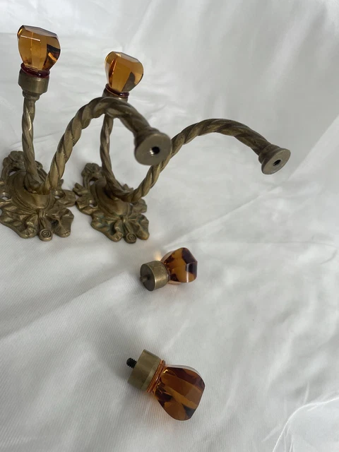 Pair 2 Antique Victorian Ornate Amber Glass Brass Hook Coat Hanger Wall Hardware 15