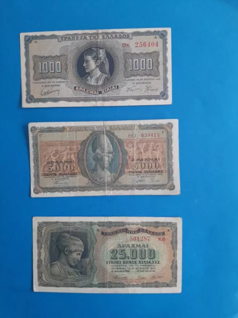 1 x 1000+5000+25 000 Drachmai Griechenland  Geldschein Banknote von 1942/43