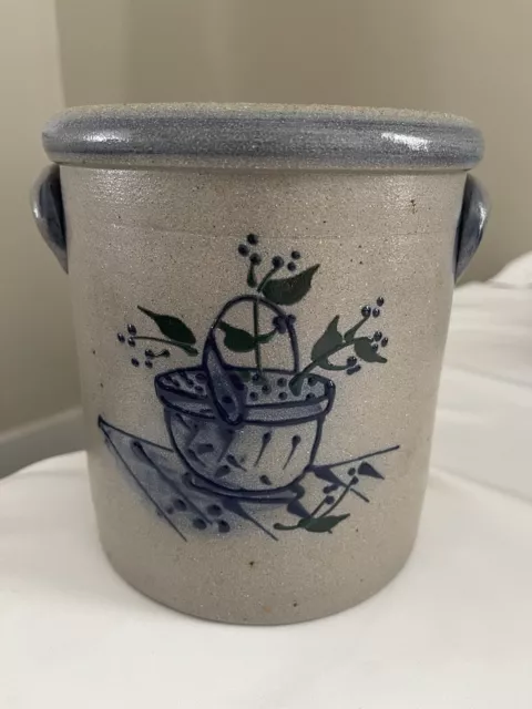 Rowe Pottery Works Large Crock 7 inches 1999  Berry Basket Handles Stamped