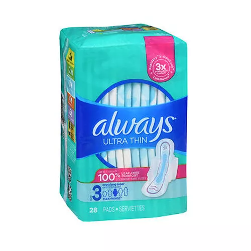 Always Ultra Thin Pads With Flexi-Wings Extra Long Super Absorbency Size 3 28 Ea