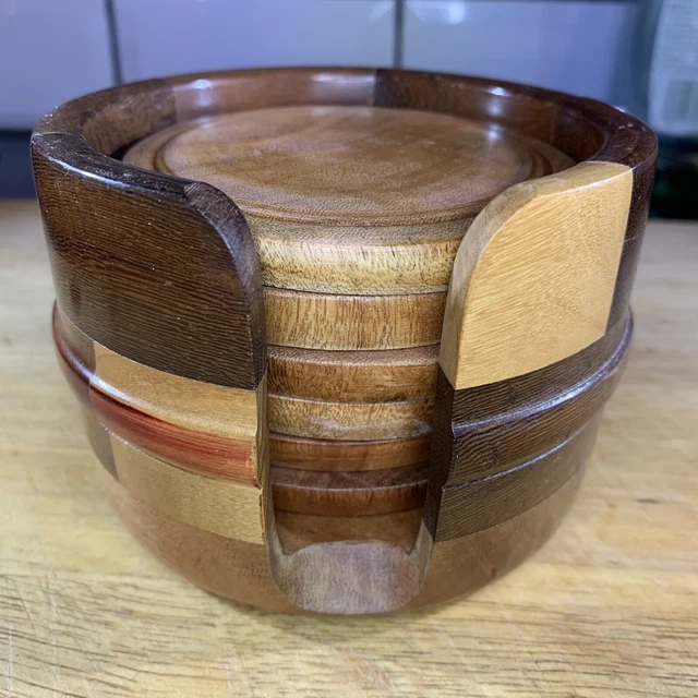 Natur Holz Untersetzer Set 6tlg. mit Halter Tee Kaffee Zuhause Esstisch