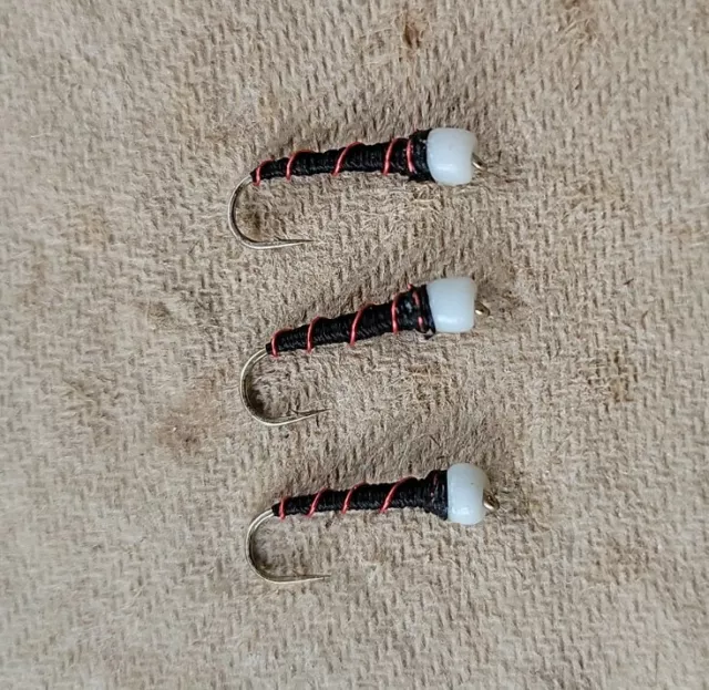 3x DB white hot head BLACK Buzzer RED rib Trout Grayling Fly Fishing Fly size 14