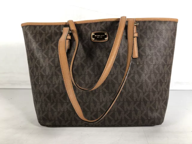 Michael Kors Womens Brown Beige Monogram Coated Canvas Pockets Large Tote Bag