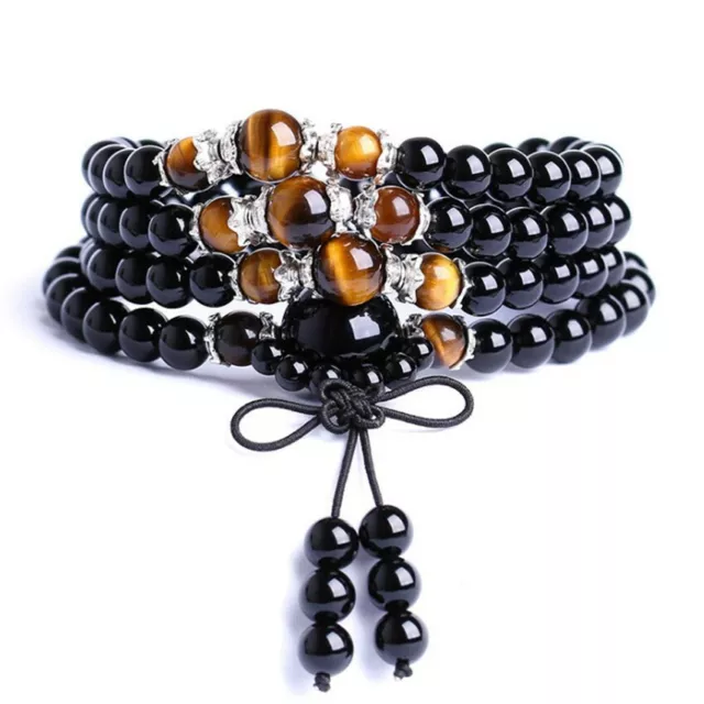 6mm cuff obsidian 108 Buddha bead bracelet tassel cuff Bless pendant