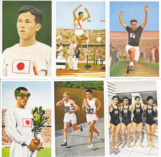 9 coulered photo cards of Japanese medal winners at 1936 Berlin Olympic Games