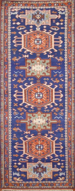 Geometric Blue Heriz Serapi Oriental Runner Rug 3'x8' Wool Hand-knotted Carpet
