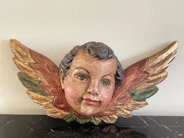 Carved Wood Polychrome Putti Cherub Angel Head