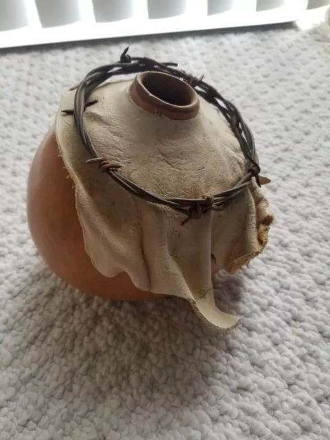 Native American Southwestern Art Vessel Bowl Gourd Leather & Barb Wire Adornment