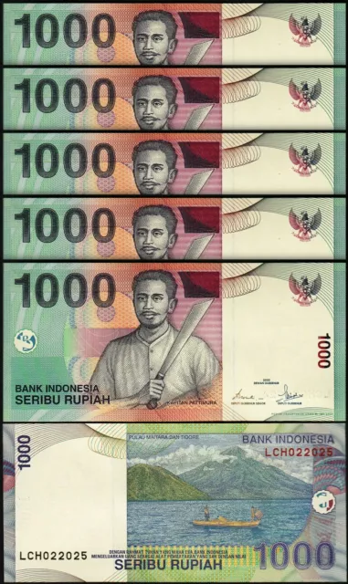 Indonesia 1000 Rupiah 2000 / 2000, UNC, 5 Pcs Consecutive LOT, P-141a