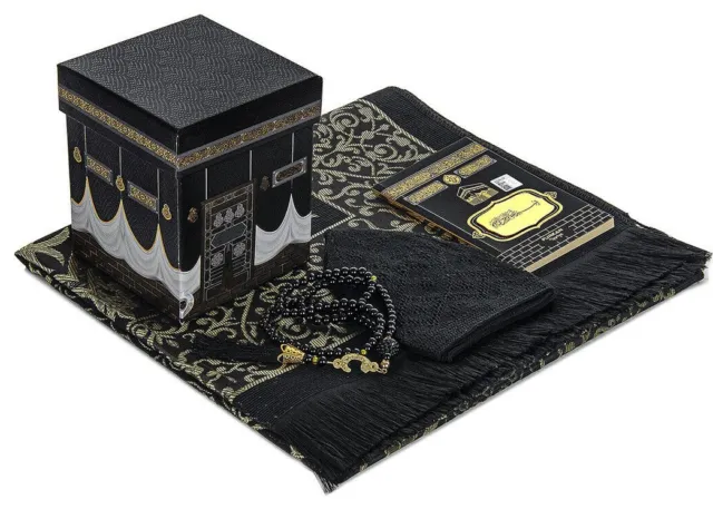 Elegant Lux  Kaaba Boxed Islamic Set Prayer Mat Gift Holy Quran - Black or White