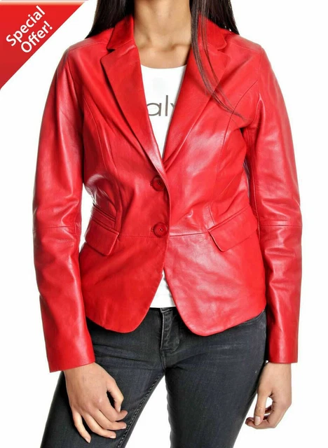 Neuf Femmes Peau D'Agneau Véritable Cuir Blazer Manteau Deux Bouton Rouge Doux