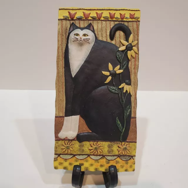E. Smithson Tuxedo 3D Cat Wall Plaque Folk Art Resin “Daisy” 4" X 8" Signed
