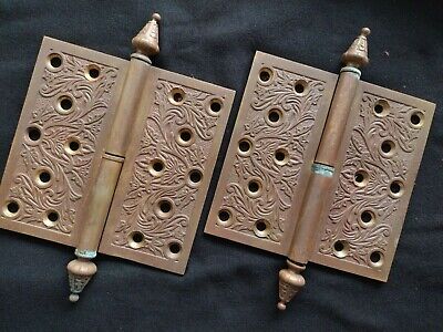Two Victorian Antique Ornate Bronze Steeple-Tipped Door Hinges 5 1/2" 1873 LH