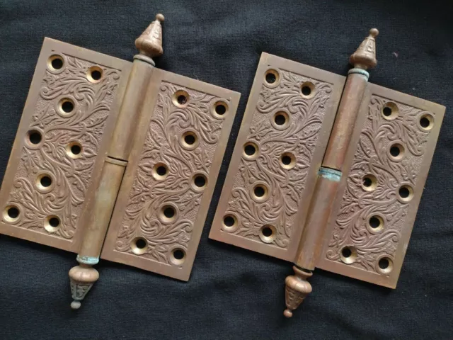 Two Victorian Antique Ornate Bronze Steeple-Tipped Door Hinges 5 1/2" 1873 LH