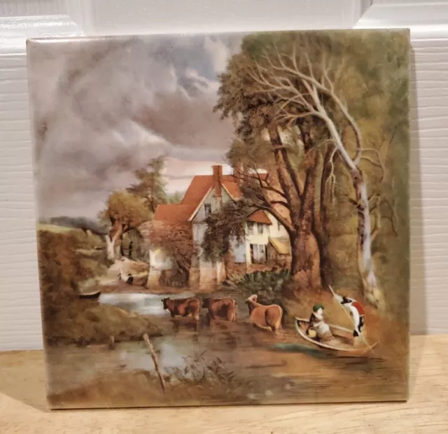 Vintage H & R JOHNSON 6x6  Cows & Boat Ceramic Tile from England
