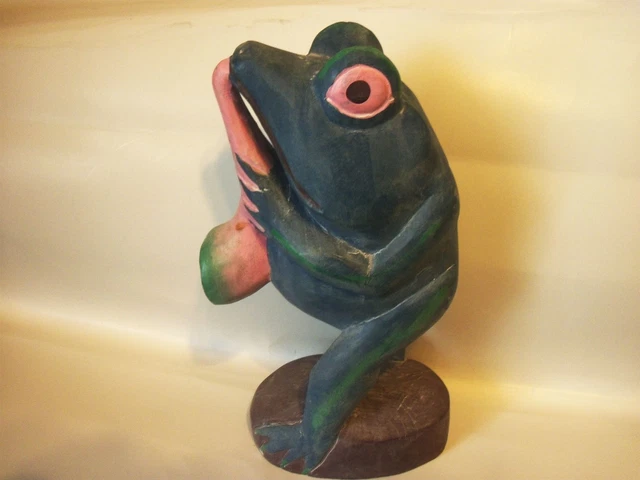 Blue & Pink Frog Playing Saxophone Ten Inch Wooden Sculpture