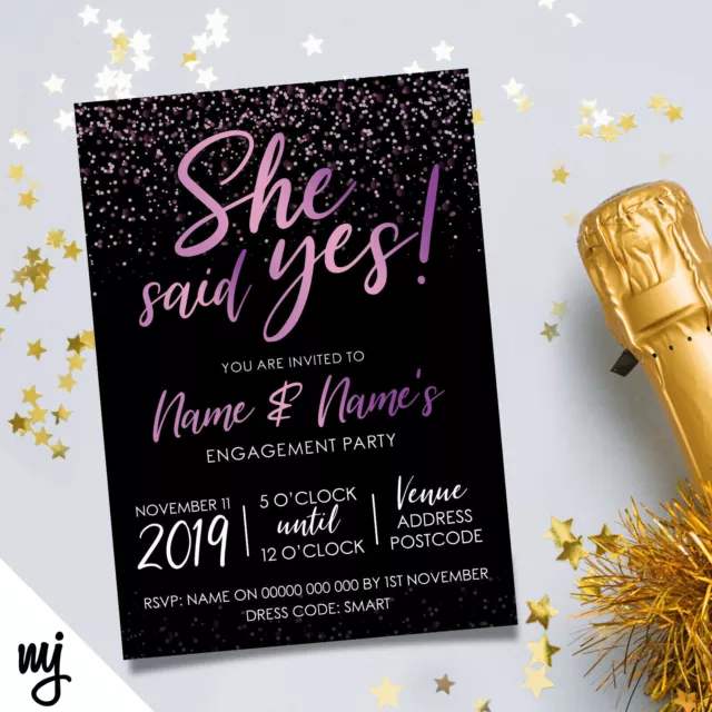 Personalised 'She Said Yes' Engagement Party Invitations | Black & Purple Pink