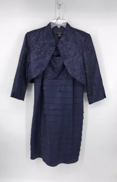 R & M Richards 2pc Navy Blue Dress Size 14 Jacquard & Beaded Jacket Ruffle EUC